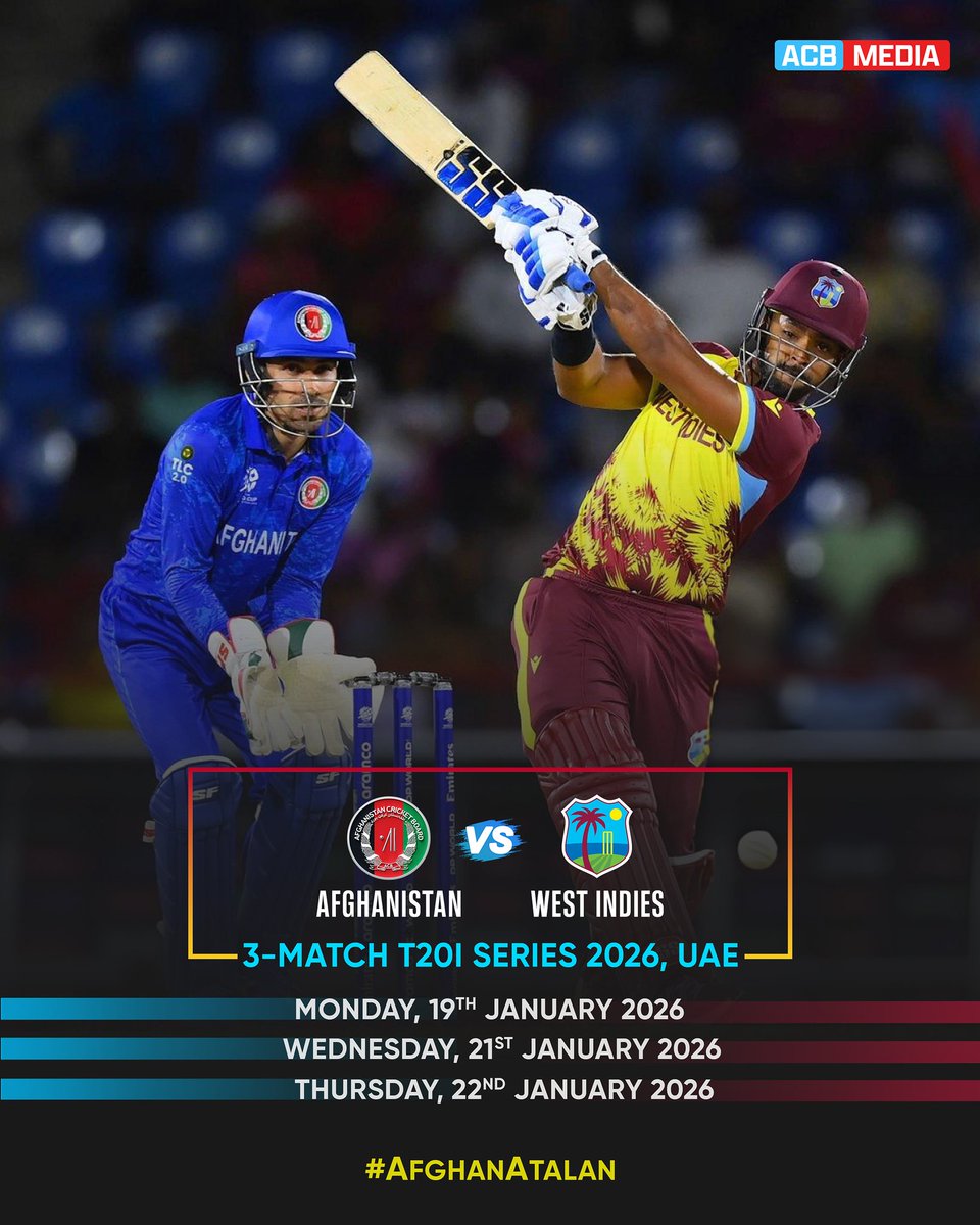 AFG_Sports's tweet image. Afghanistan will lock horns with West Indies in a 3 match T20I series ahead of the T20 World Cup next year in UAE. The dates of the fixtures have been announced by the cricket board. #AFGvWI #T20ISeries #T20WorldCupPrep 🇦🇫 🏏