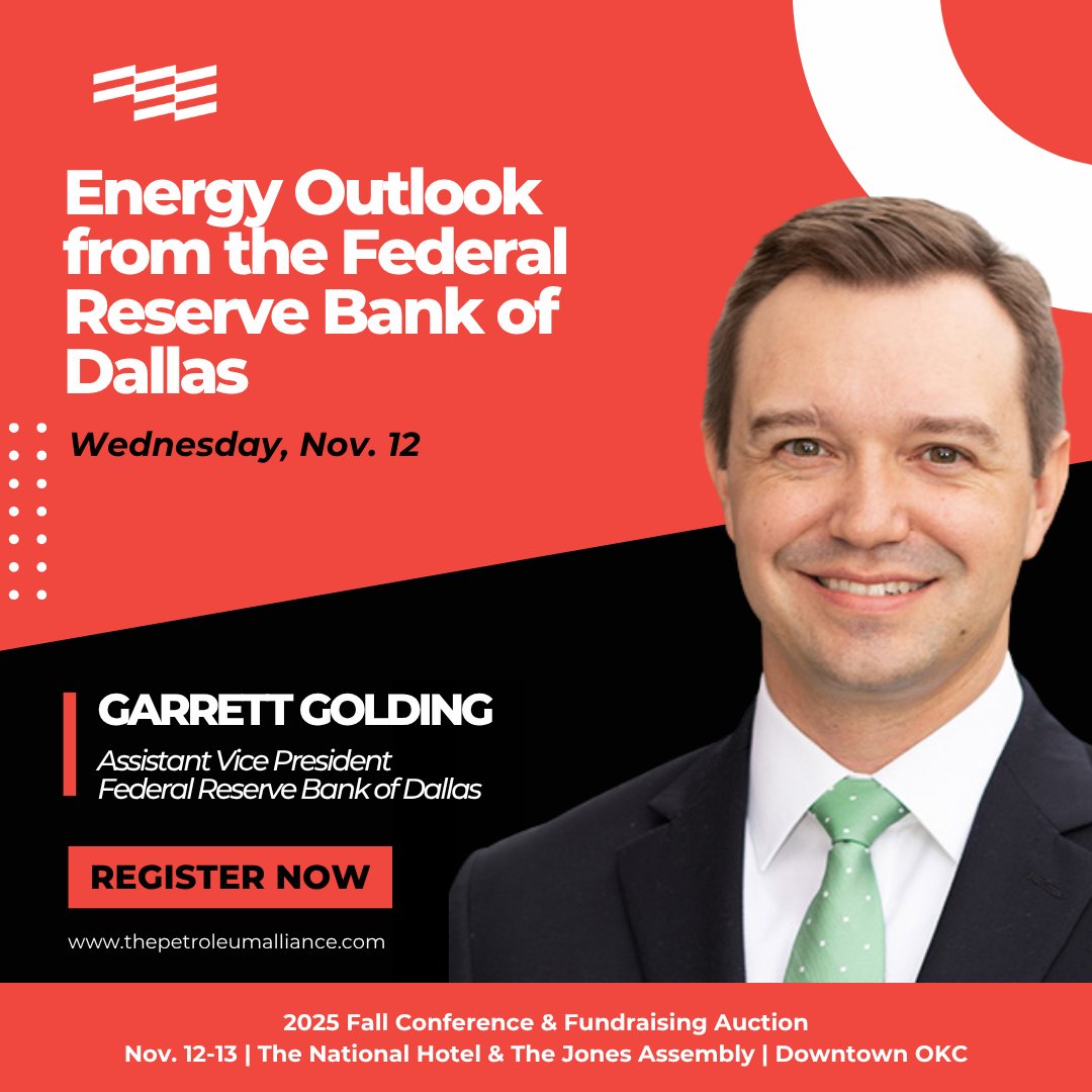 📢 Speaker Announcement 📢

Don't miss your chance to hear an important energy outlook from a leader in our industry. Garrett Golding, assistant VP at <a href="/DallasFed/">Dallas Fed</a>, takes the Fall Conference stage on Nov. 12!

Secure your spot: bit.ly/43lOtBx