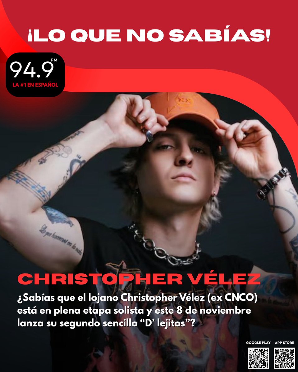 gitanaecuador's tweet image. 💡 ¿Sabías que el lojano Christopher Vélez (ex CNCO) está en plena etapa solista y este 8 de noviembre lanza su segundo sencillo “D’ lejitos”? Su debut “Quiéreme” lo presentó con listening parties y el video se grabó en locaciones de Ecuador, Perú, México y Argentina. 🇪🇨
#949fm