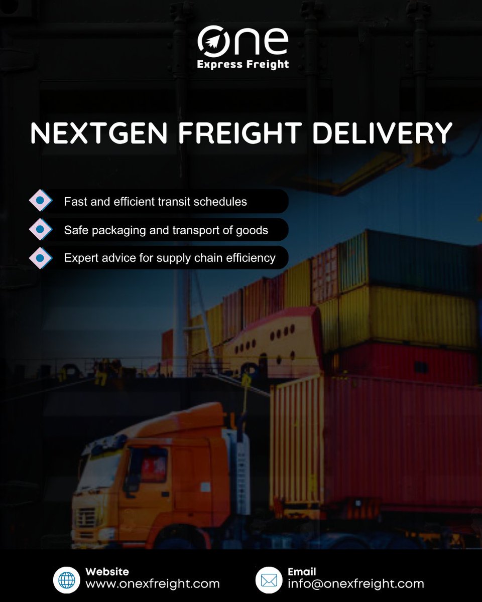 onexfreight's tweet image. Next-gen freight delivery for modern businesses.
✔ Fast transit schedules
✔ Safe transport &amp;amp; packaging
✔ Supply chain efficiency support
Ship smarter with One Express Freight.
👉 onexfreight.com
#FreightDelivery #LogisticsUSA #SupplyChain #FreightShipping