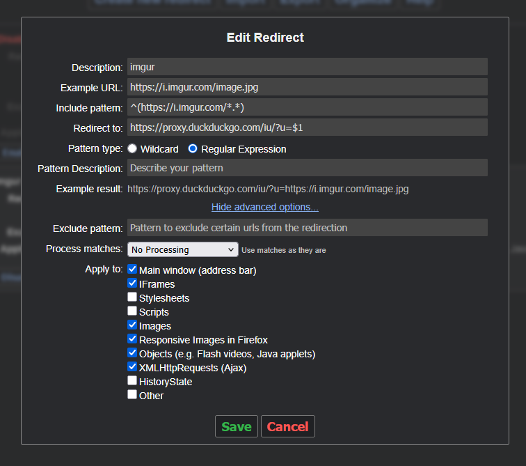 for those who don't know, imgur has blocked the UK for a few weeks now which means a vast amount of the internet is filled with blocked images.
as a work around there is an extention for chrome/firefox called redirector.

here is a config for redirector that fixes everything.
