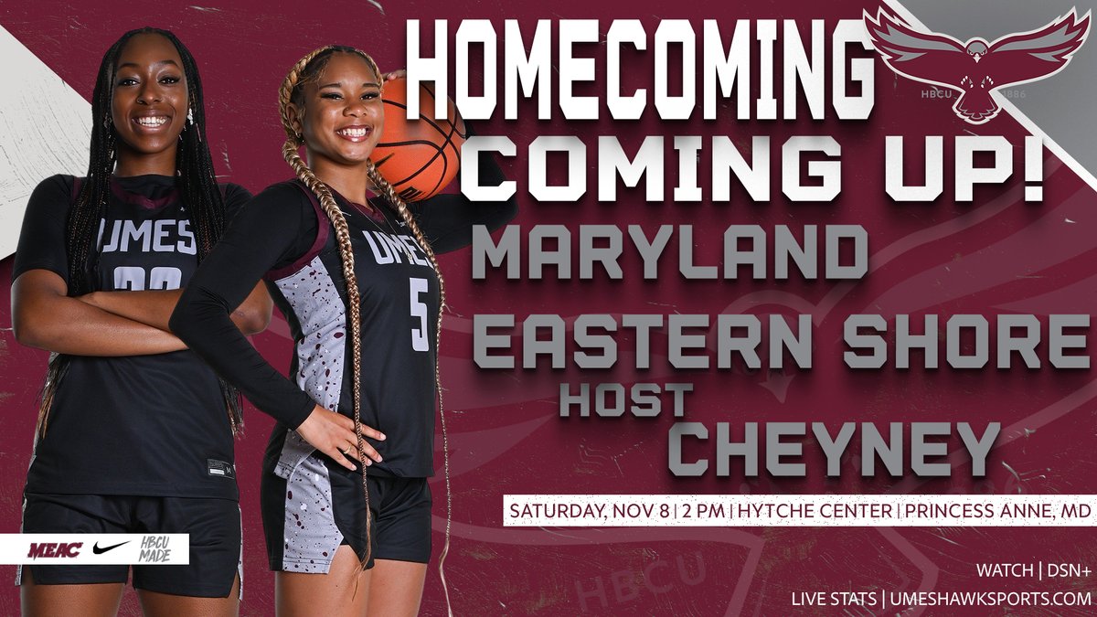🏀 HOMECOMING UPCOMING 🏀

The University of Maryland Eastern Shore women's basketball team will face Cheyney University at 2 p.m. tomorrow for Homecoming!

📊 - umeshawksports.com/sidearmstats/w…

📺 - delmarvasportsnetwork.com

🎟 - events.hometownticketing.com/boxoffice/umes…

#HawkPride | #HBCUMade