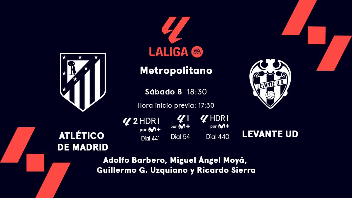 ⚽️ ❤️ Pasando el sábado con buen fútbol.

🆚 Atlético de Madrid - Levante UD
📺 LALIGA por M+ (d. 54), LALIGA HDR por M+ (d. 440) y LALIGA 2 HDR por M+ (d. 441)
🎙️ Adolfo Barbero, <a href="/M_A_Moya/">Miguel Ángel Moyá</a>, <a href="/guilleuzquiano/">Guille Uzquiano</a> y <a href="/Rsierraplus/">Ricardo Sierra</a>.
⏰ Previa - 17:30 | Partido - 18:30

#LALIGAEASPORTS