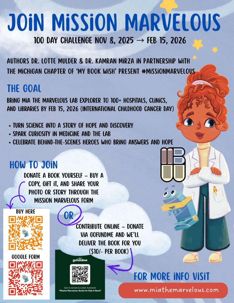 Please consider this AMAZING opportunity from several of my wonderful colleagues! 

From Nov 8, 2025 - Feb 15, 2026 (International Childhood Cancer Day), we are on a mission to bring Mia’s adventures to as many children as possible in hospitals, pediatrician offices, libraries,