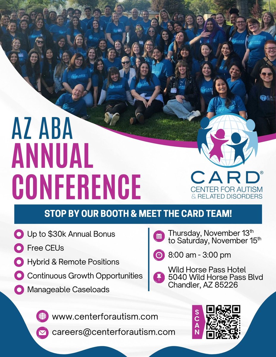 centerforautism's tweet image. Join CARD at the Arizona Association for Behavior Analysis (AzABA) Annual Conference in Chandler, AZ on November 13, 2025! 🌵 #AzABA #BCBA #BehaviorAnalysis #ABATherapy #ProfessionalDevelopment #AutismSupport #Networking #Arizona