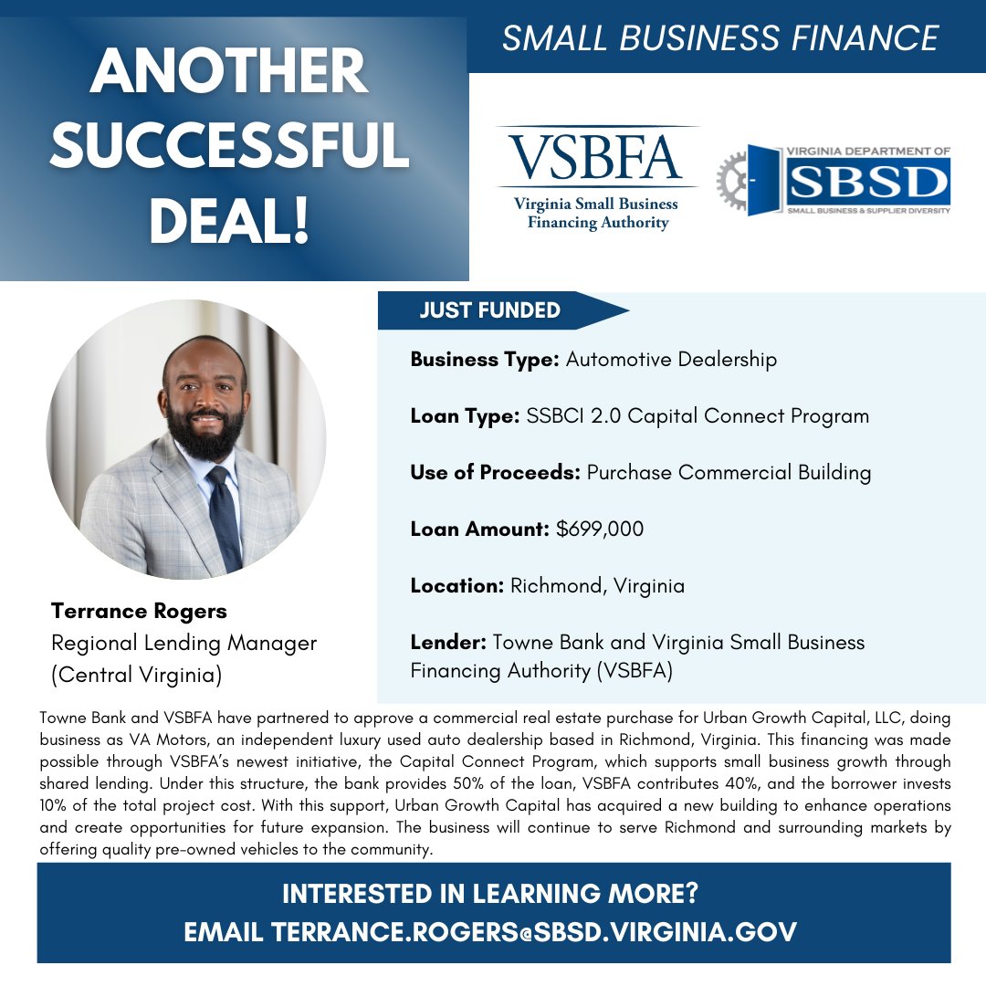VirginiaSBSD's tweet image. Is your business in search of financial assistance?   Our friendly and knowledgeable team at VSBFA is here to help you achieve your   business goals through creative financing options that will fit your unique   needs. Call us today! (804) 786-1049