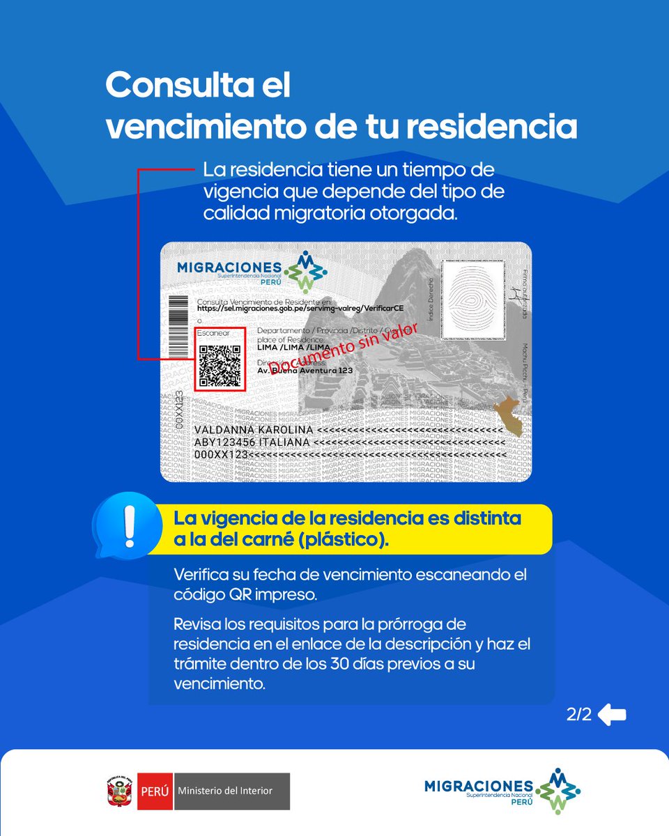 #MigracionesPerú | 🔍 ¿Sabías que la vigencia del carné de extranjería (plástico) no es la misma que la de tu residencia?

📲 Verifica tus datos escaneando el QR del reverso o ingresando a 👉 bit.ly/verificarCE

ℹ️ Requisitos de prórroga residencia: gob.pe/12834