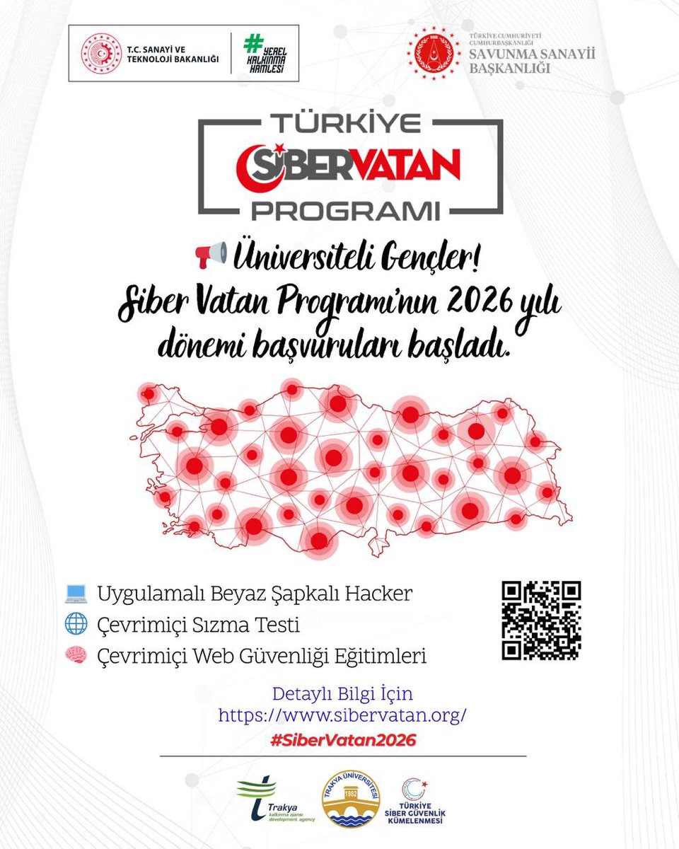 📢 Türkiye Siber Vatan Programı 2026 başvuruları başladı.
Üniversite öğrencilerine yönelik olarak hazırlanan program kapsamında;

🔹 Uygulamalı Beyaz Şapkalı Hacker Eğitimi
🔹 Çevrimiçi Sızma Testi uygulamaları
🔹 Web Güvenliği Eğitimleri

sunulacaktır.

🎓 Siber güvenlik