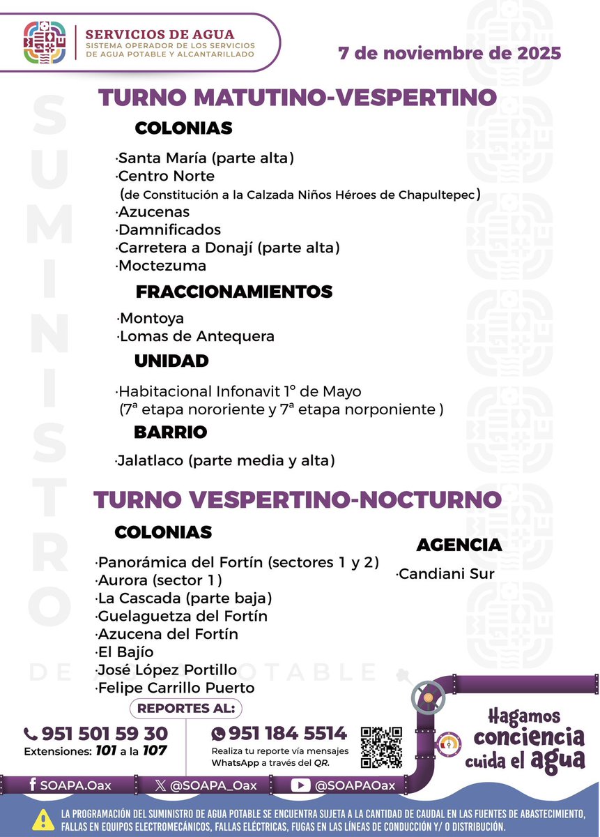 Sumministro de agua potable hoy 7 de noviembre. #Oaxaca 

#OaxacaDeJuárezc <a href="/SOAPA_Oax/">Servicios de Agua</a>