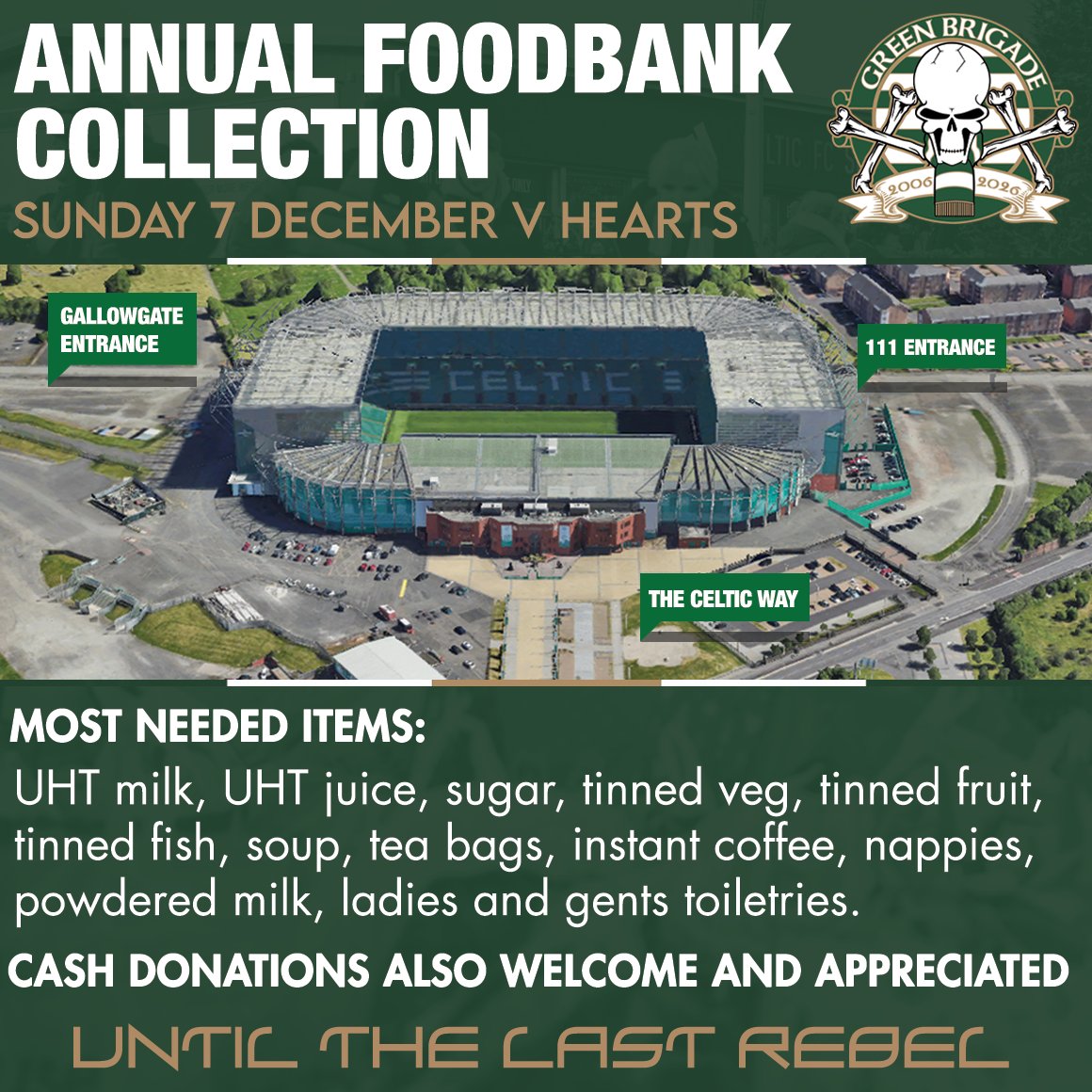 The Green Brigade's annual foodbank collection will take place before Celtic v Hearts on Sunday 7th December.

Times are tough for most people at the moment but please give what you can afford to support those most in need across our communities.
