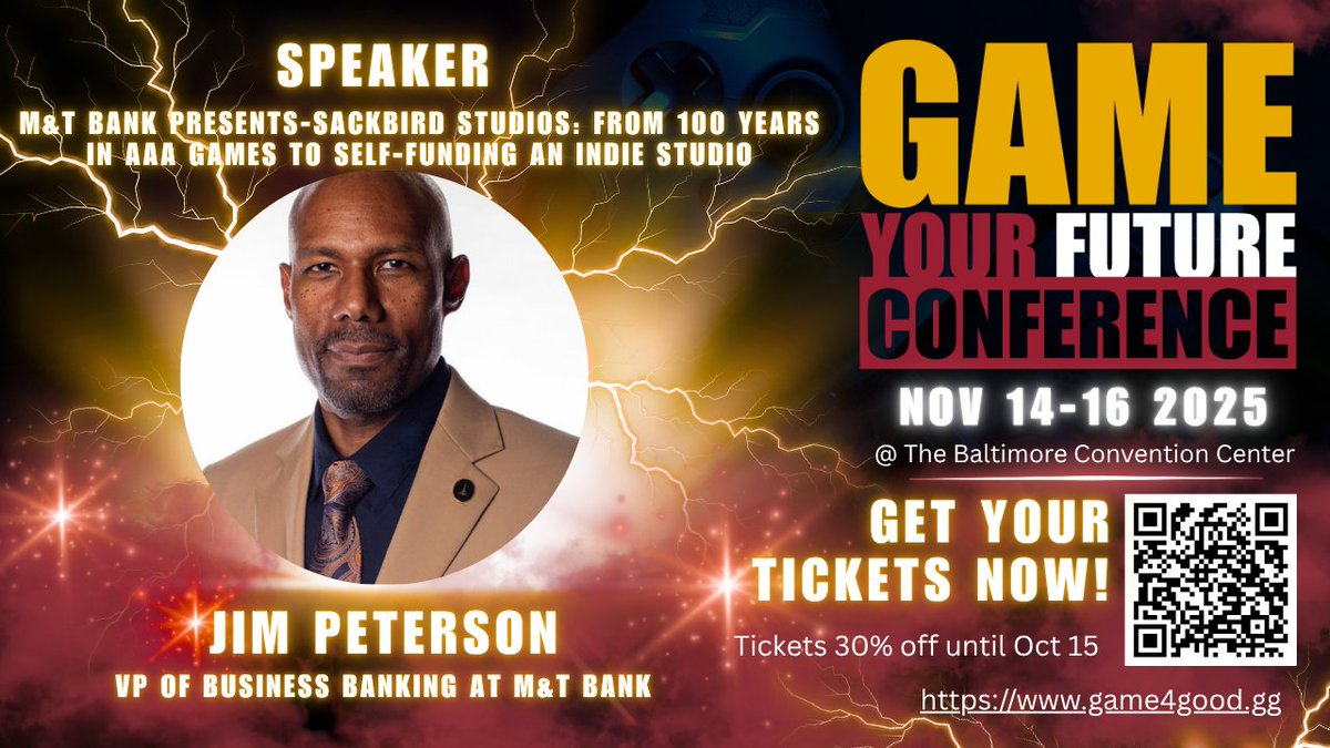 Meet James W. Peterson Jr. — VP &amp; Small Business Ambassador, M&amp;T Bank and longtime Game4Good champion. He’ll moderate the Sackbird panel and judge the pitch competition. Use code IMWITHTHESPEAKER for 65% off: tinyurl.com/49286djs #GYF2025 #gamedev <a href="/sackbirdstudios/">sackbirdstudios</a>
