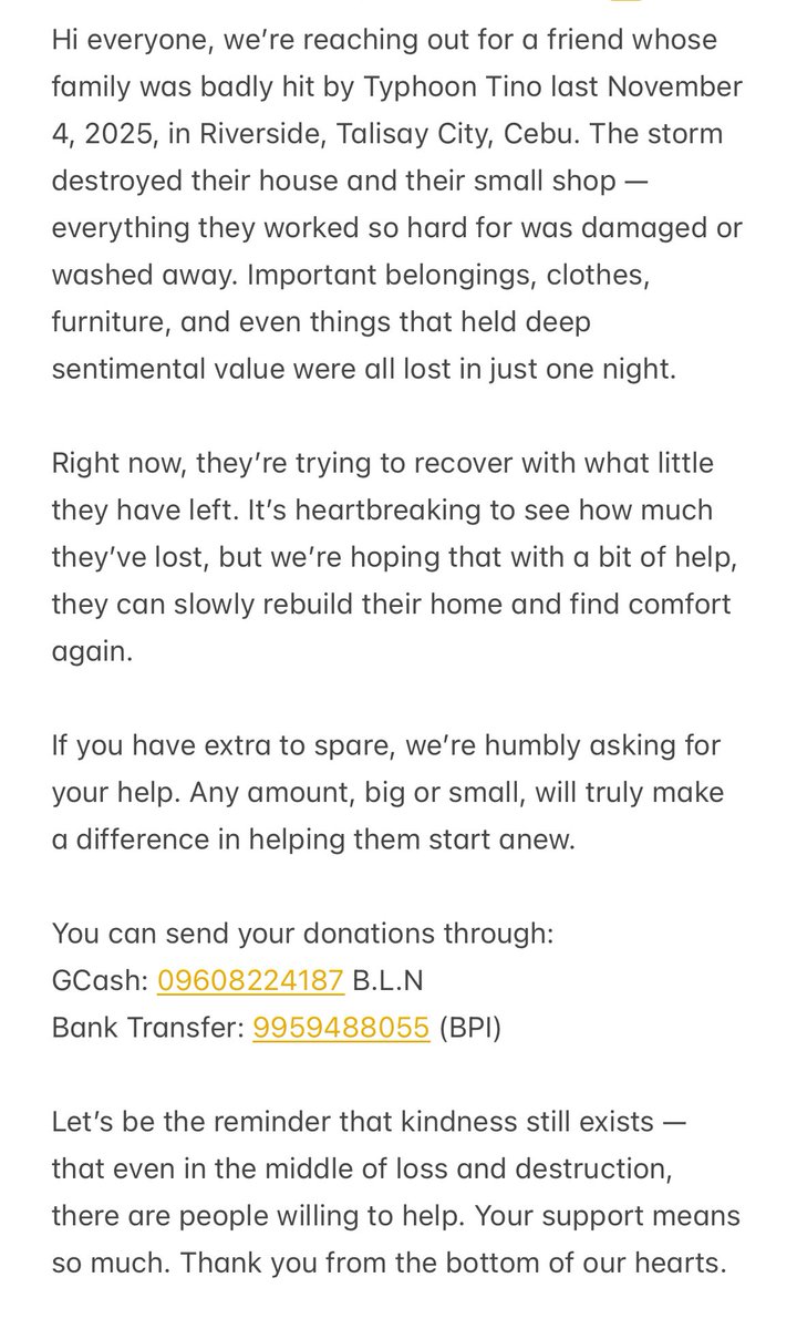 aitcosmos's tweet image. hello everyone! we are knocking on your kind hearts for our dear friend whose family was badly hit by Typhoon Tino last November 4, 2025 in Riverside, Talisay City, Cebu. 

Your help, big or small, will be their first step toward rebuilding their future. 🥹💗