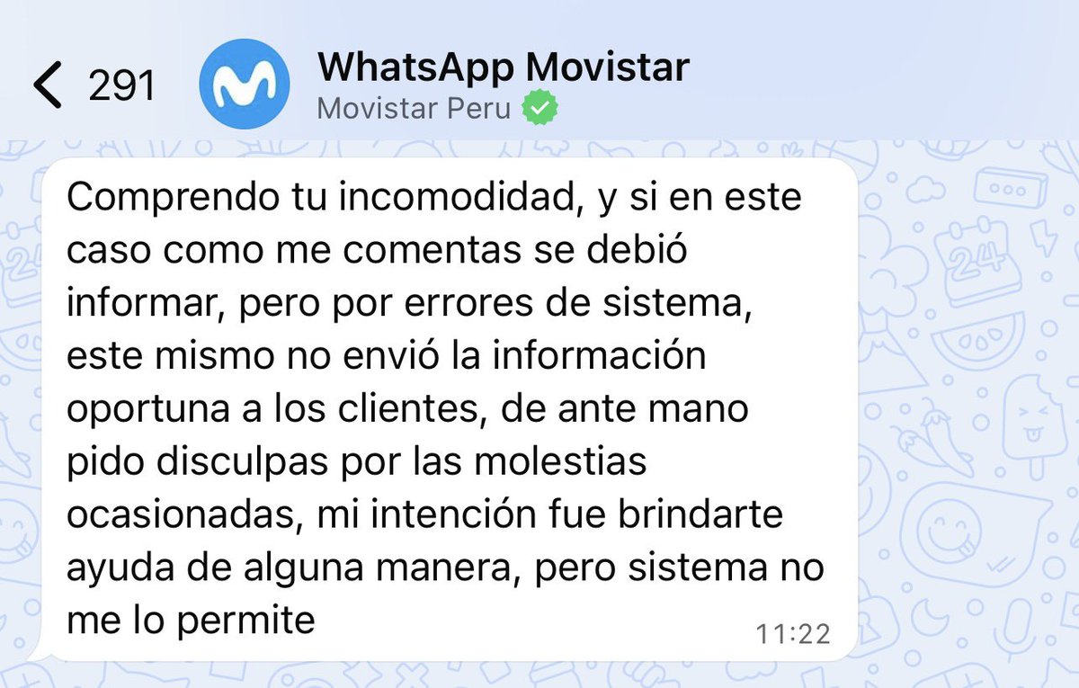 amigochris's tweet photo. @OSIPTEL ayuda: @MovistarPeru tiene errores en su sistema, no cumple con el deber de dar información transparente y oportuna sus clientes, y ahora me quedé sin servicio. Qué procede por favor? Gracias https://t.co/FNr8CmdPYP