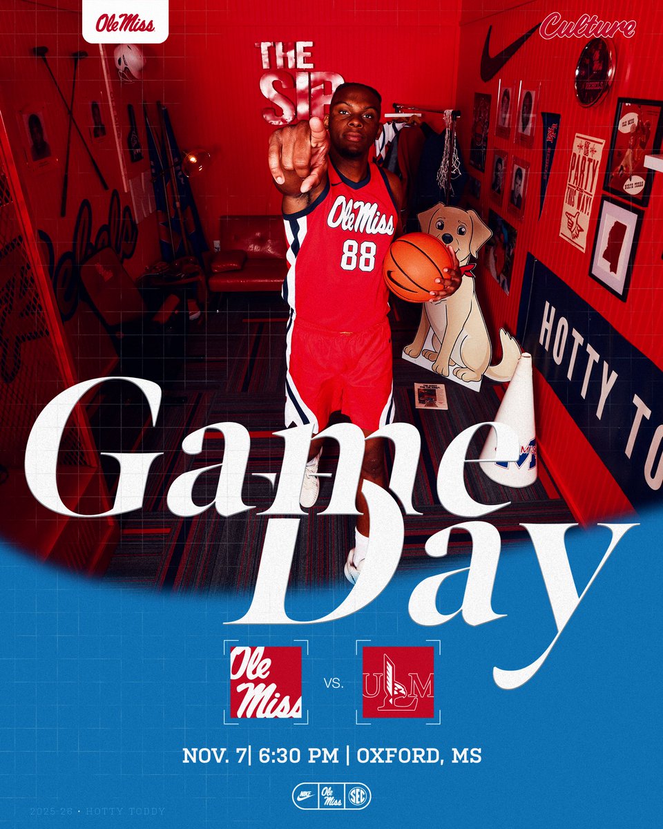 GameDay‼️
🆚 Louisiana Monroe
📍 Oxford, MS
⏰ 6:30 PM 
🎟️ olemisssports.evenue.net/event/MB25/02
📺 SECN +

#HottyToddy x #Culture