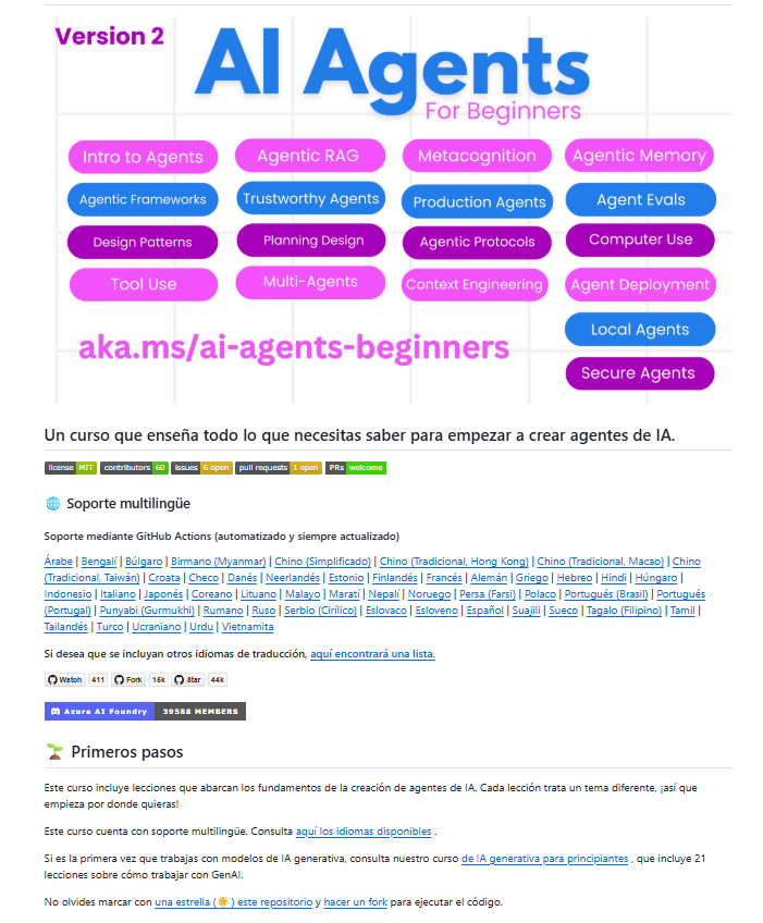 🚨 Microsoft acaba de lanzar un curso gratuito sobre Agentes de IA.

Incluye 12 lecciones prácticas, en español y sin pagar nada.

Si estás aprendiendo IA, esto te interesa 👇