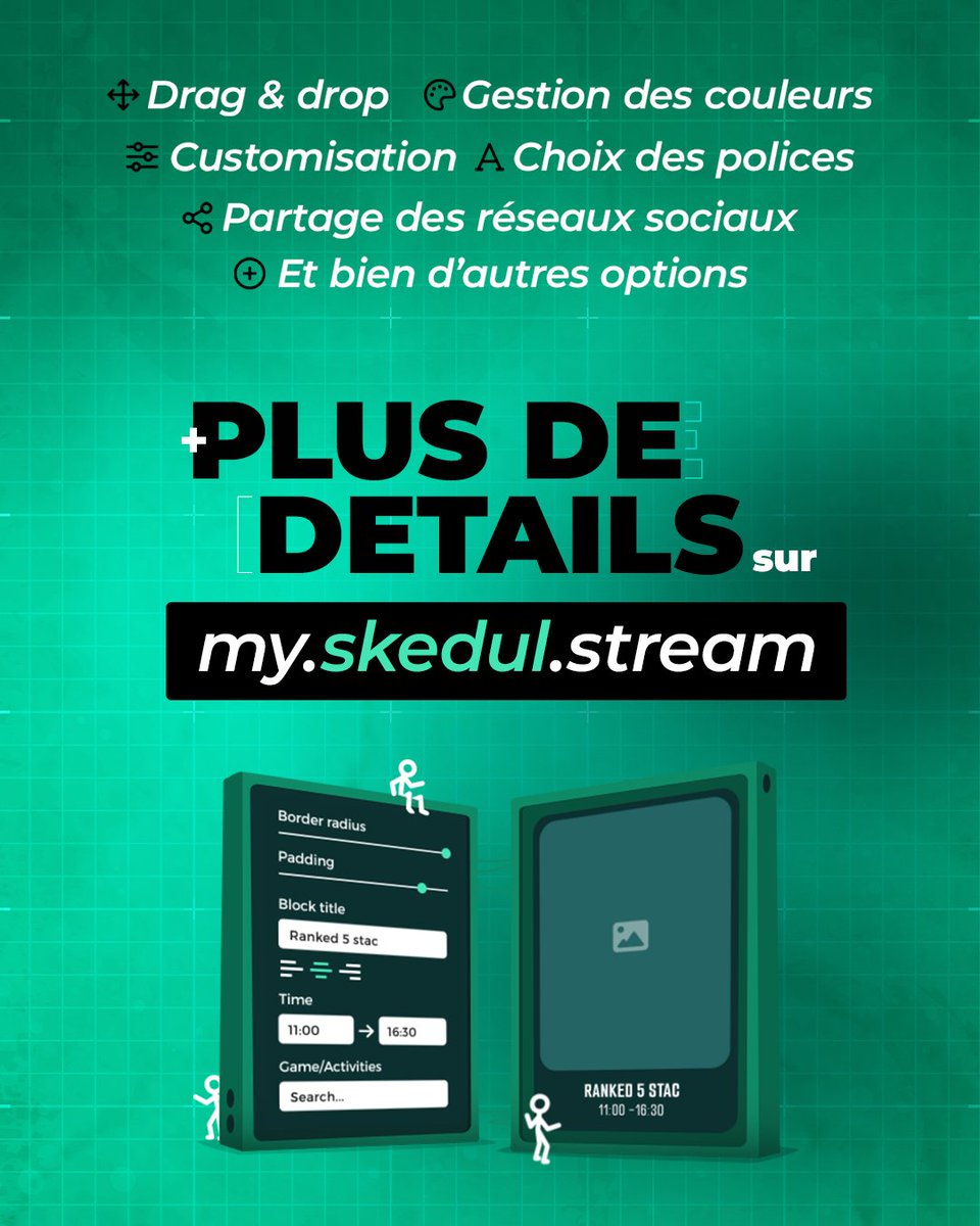 Exportez maintenant vos plannings Twitch aussi au format mobile 📱

Concevez votre planning avec notre Studio de Création et partagez le sur TOUS vos réseaux sociaux, mobile &amp; Desktop !
Plus d'infos ici : my.skedul.stream

Pro tips : Le plan GOLD est en promo (valable à