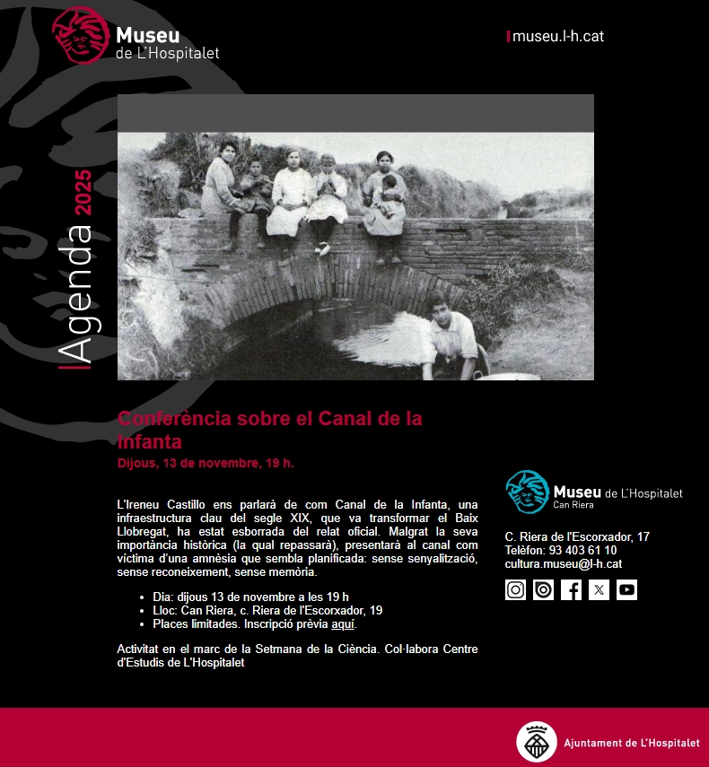ireneuc's tweet image. Us espero el proper dijous dia 13/11/25 a les 19 h a Can Riera (#LHospitalet-Centre) a la conferència que donaré sobre la història del Canal de la Infanta. Organitzada per @MuseuLH i el @CELHOSPI, crec que passarem una bona estona. No hi falteu! 😄👍 #PatrimoniLH #HistoriaLH