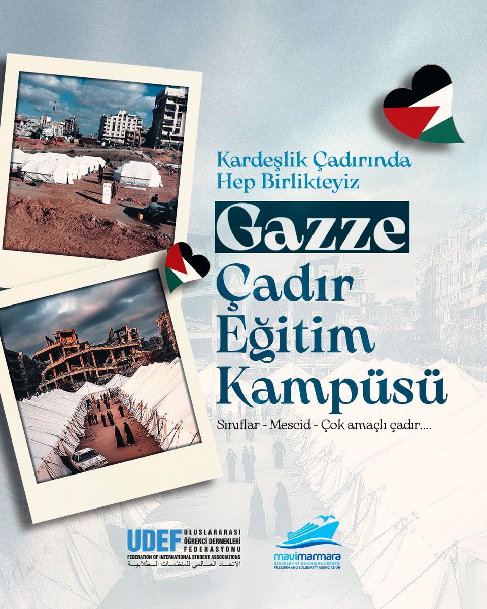 Gazze’de Umudu Yeniden İnşa Ediyoruz

UDEF ve Mavi Marmara Derneği olarak, savaşın yıktığı okul binalarının yerine çadır eğitim kampüsü kuruyoruz.
Çünkü biz inanıyoruz: Bir çocuk kitapla buluştuğunda, bir gelecek yeniden filizlenir. 🌱

Sen de bu iyiliğin bir parçası ol!

🎒