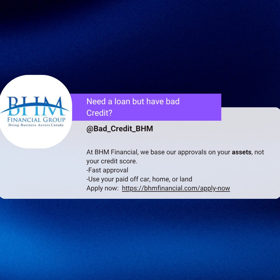 Bad_Credit_BHM's tweet photo. Tired of being denied loans because of bad credit?

At BHM Financial, we say YES based on what you own, not your credit score.

💰 Use your paid-off car or home to get the cash you need, fast.

Apply today: https://t.co/id9pZAWkUw

#BHMFinancial #CanadianLoans #LoansInCanada https://t.co/ZZME3GNse8
