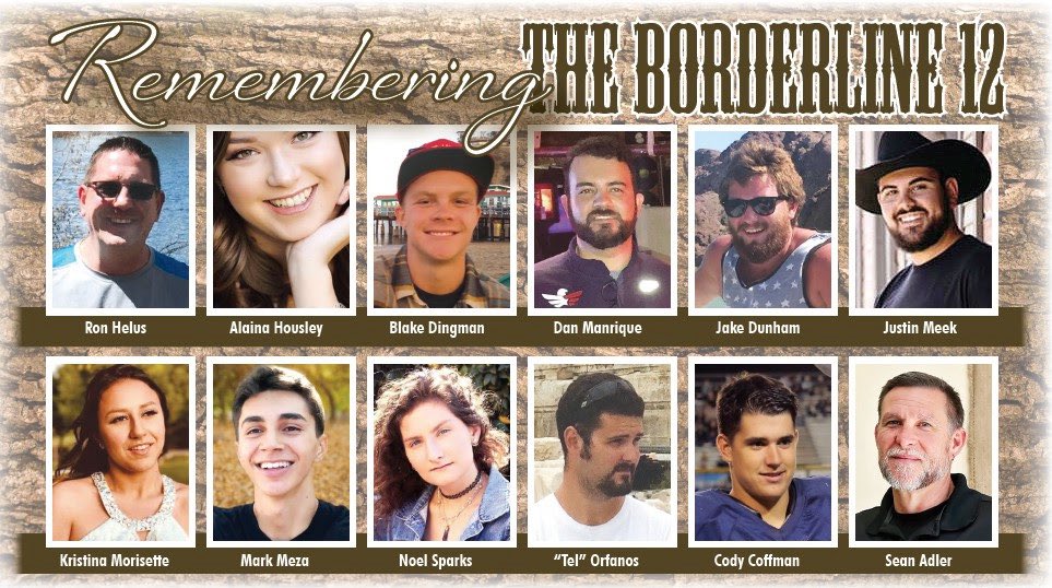 .<a href="/vcd2sup/">Ventura County Supervisor Jeff Gorell</a> honors “Borderline 12”: Sean Adler, Cameron Blake, Blake Dingman, Jake Dunham, Sgt. Ron Helus, Alaina Housley, Daniel Manrique, Justin Meek, Mark Meza Jr., Kristina Morisette, Telemachus Orfanos, Noel Sparks. Remembrance 4 p.m. today, Conejo Crk. North Healing Garden.