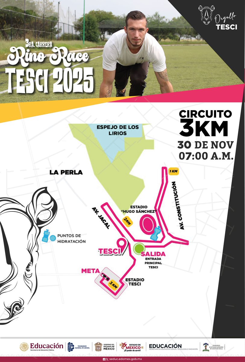 📷📷 ¡Te presentamos la ruta oficial de nuestra 3ra. Carrera Rino Race 2025! 📷📷
Este año, el circuito de 3 km está listo para llenarse de energía, esfuerzo y mucha garra runner. 📷

Consulta todos los detalles en la convocatoria 📷
tesci.edomex.gob.mx/sites/tesci.ed…