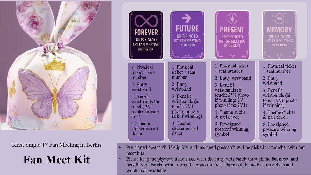 PanoSpotlight's tweet photo. 🛍️ Panomommy notice #10
What will be inside your #KS1stFMBelin fan meet kit?
After having your e-tickets scanned at the check in desk, you would be invited to pick a fan meet kit by yourself, and find the items listed in the chart.
Meanwhile, you would also pick up the pre-signed postcards, if eligible, and unsigned postcards. 
Please keep the physical tickets and wear the entry wristbands throughout the event, and wear the benefit wristbands to use the opportunities.