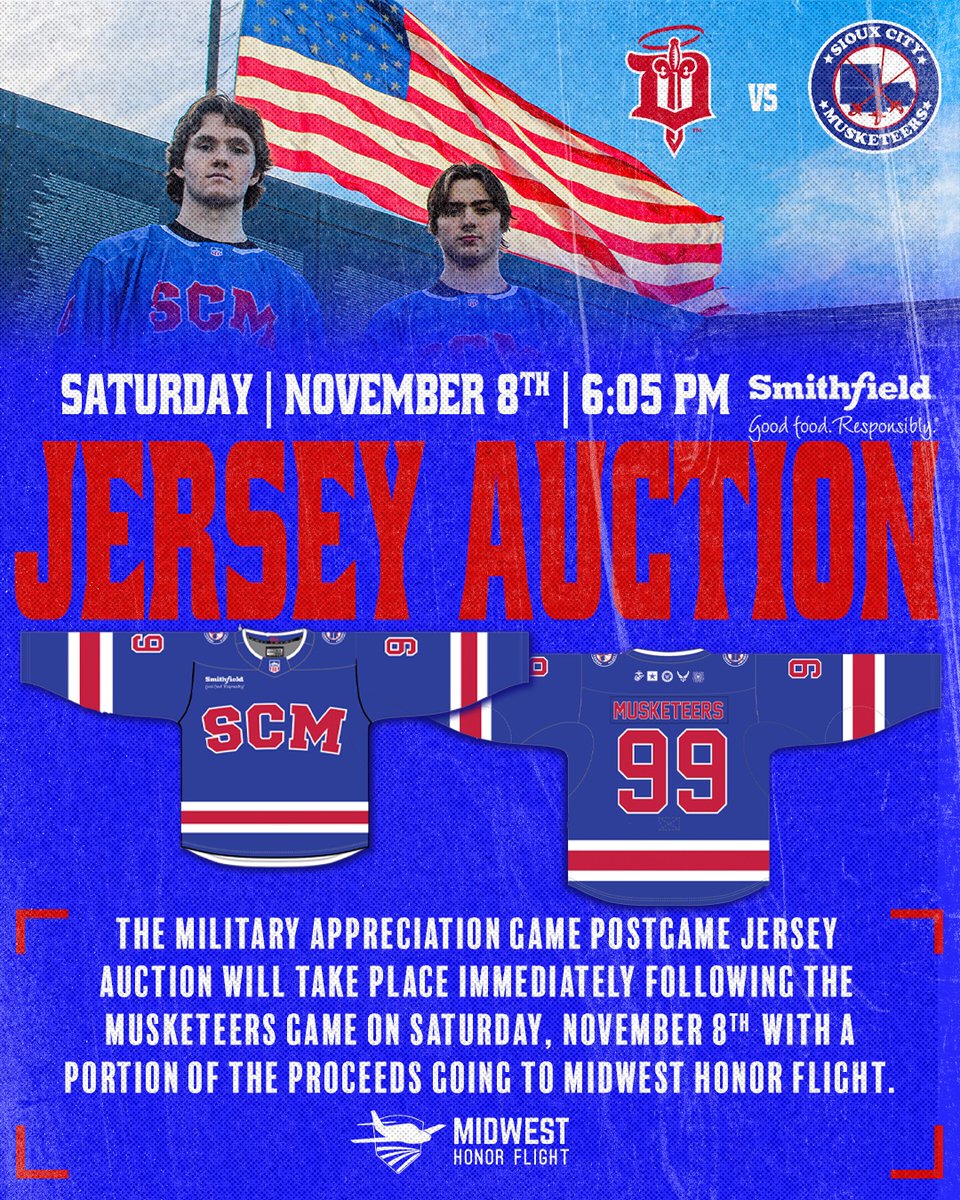 Musketeerhockey's tweet image. USA 🤝 SCM 🇺🇸

Get your hands on a Musketeers, @SmithfieldFoods  Military Night  jersey at tomorrow&apos;s game during the postgame jersey auction with a portion of of the proceeds going to Midwest Honor Flight

Get tickets for the game: bit.ly/47Jkwg3
#SCMusketeers | #USHL