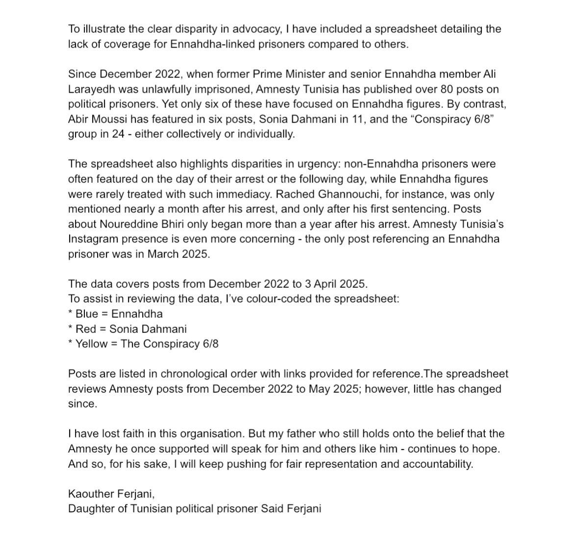 As many of you know, I’ve been vocal about Amnesty Tunisia’s discrimination against Ennahdha prisoners. But since my meeting on Feb 27 with @HebaMorayef - who likened me, the daughter of a political prisoner, to Tunisian dictator Kais Saied - I have been completely ignored by