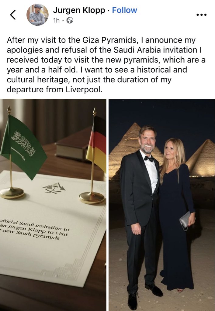 والله السعودية أصبحت ملطشة ومسخرة العالم
مدرب ليفربول السابق يورجن كلوب غرد ساخراً من اهرامات السعودية😅

بعد زيارتي لأهرامات الجيزة، أعلن اعتذاري ورفضي للدعوة السعودية التي تلقيتها اليوم لزيارة الأهرامات الجديدة، التي عمرها سنة ونصف. أريد أن أرى تراثًا تاريخيًا وثقافيًا، وليس