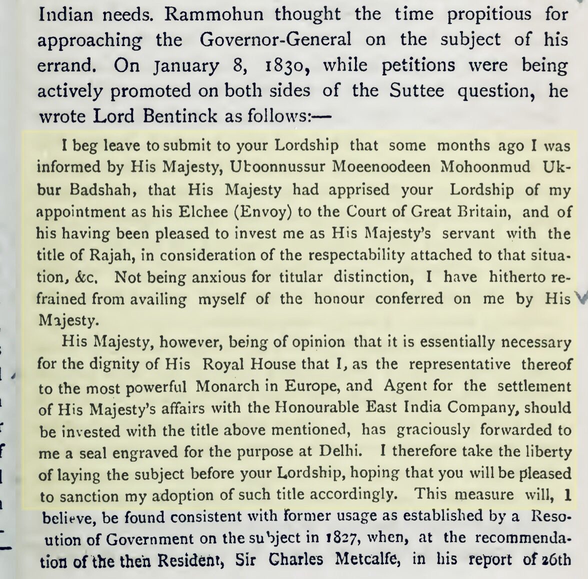 Raja Ram Mohan Roy received the title “Raja” from Mughal Emperor Akbar II, who conferred it upon him when Roy traveled to England to petition the British for an increase in the emperor’s annual stipend from Rs. 12 lakh to Rs. 15 lakh. Roy himself mentioned this in a letter to