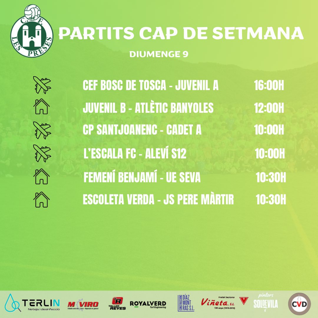 8 i 9 de novembre🔝

Cap de setmana de partits al Municipal de les Preses👋🏻

Vine i anima als verds aquest cap de setmana⚡️