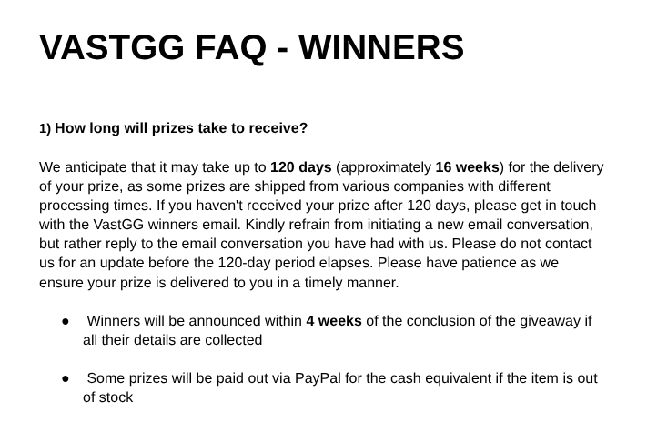 DynamicGamer87's tweet photo. Still no response 142 days later...
I've attached part of the FAQ regarding not reaching out for 120 days and the emails that don't receive a reply.
#vastwinner @VastGG https://t.co/3reTWX5aDo