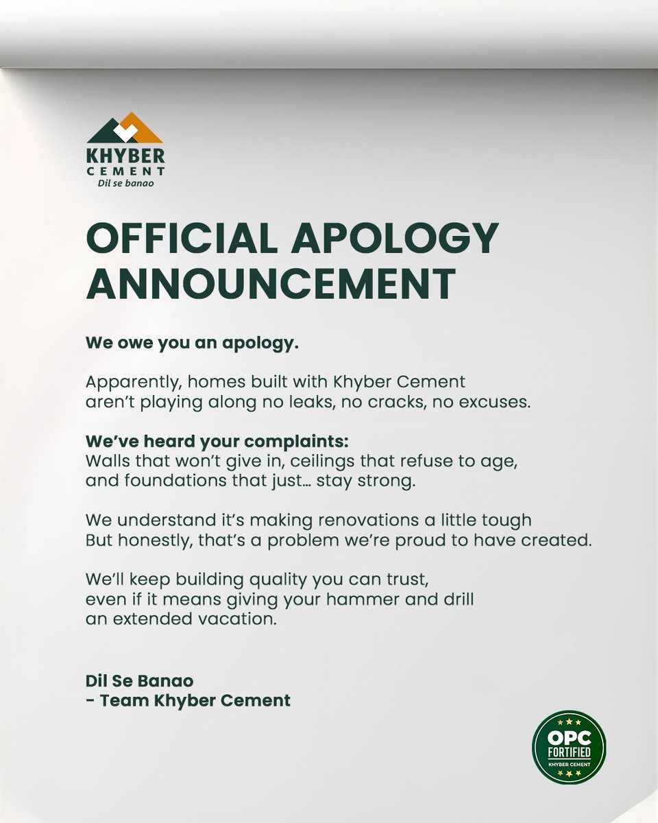 We apologise Dil Se ❤️
Sometimes, being too strong can be a problem.

#KhyberCement #DilSeBanao #KhyberOPC