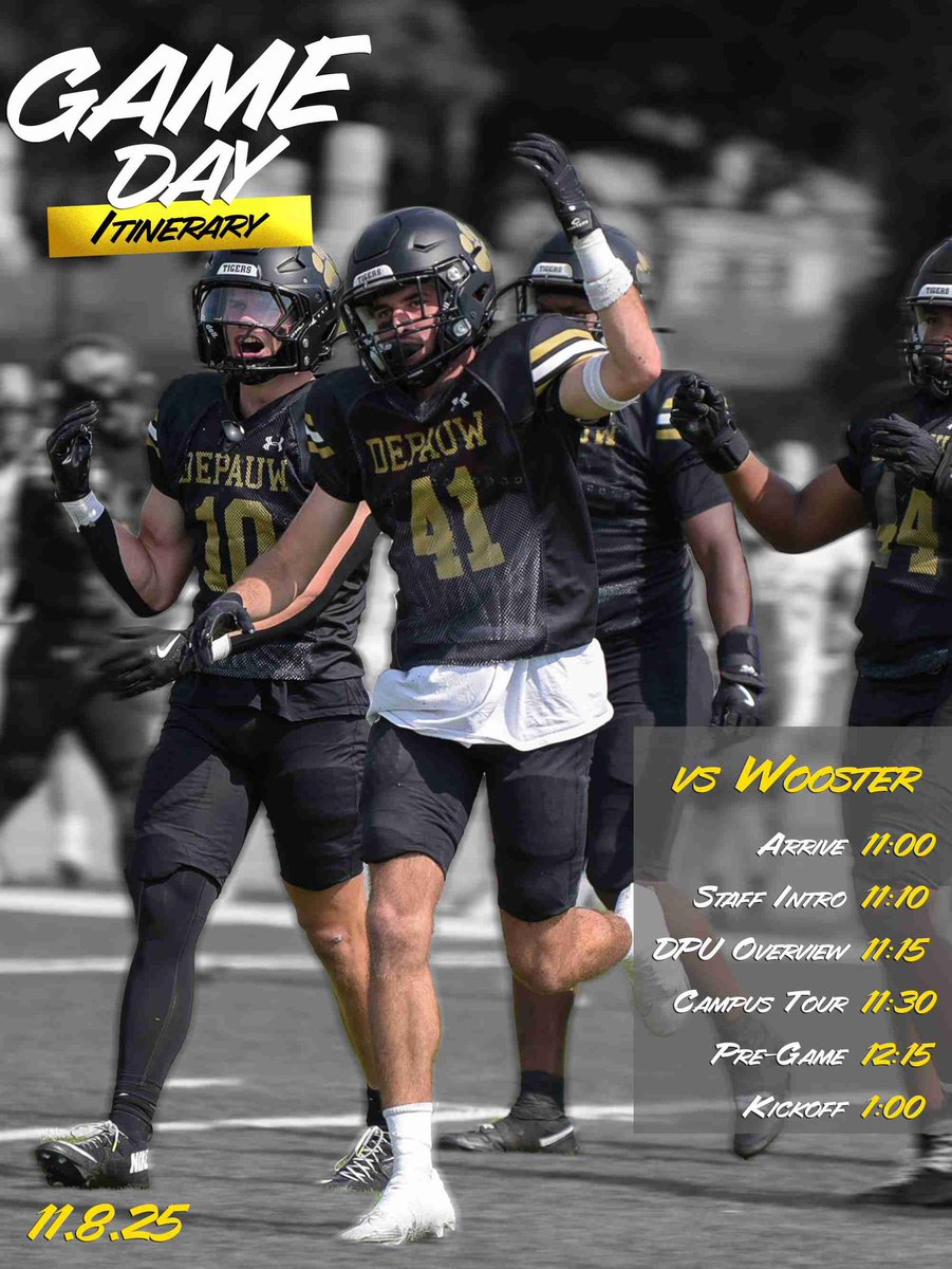 Very excited to head to Greencastle, IN to watch nationally ranked #15 <a href="/DePauwTigersFB/">DePauw Football</a> play their final home game against Wooster! Go Tigers!

<a href="/CoachMCrabtree/">Mark Crabtree</a> <a href="/CoachSSeaburg/">Sam Seaburg</a> <a href="/CoachRutledge76/">Coach Rutledge</a>