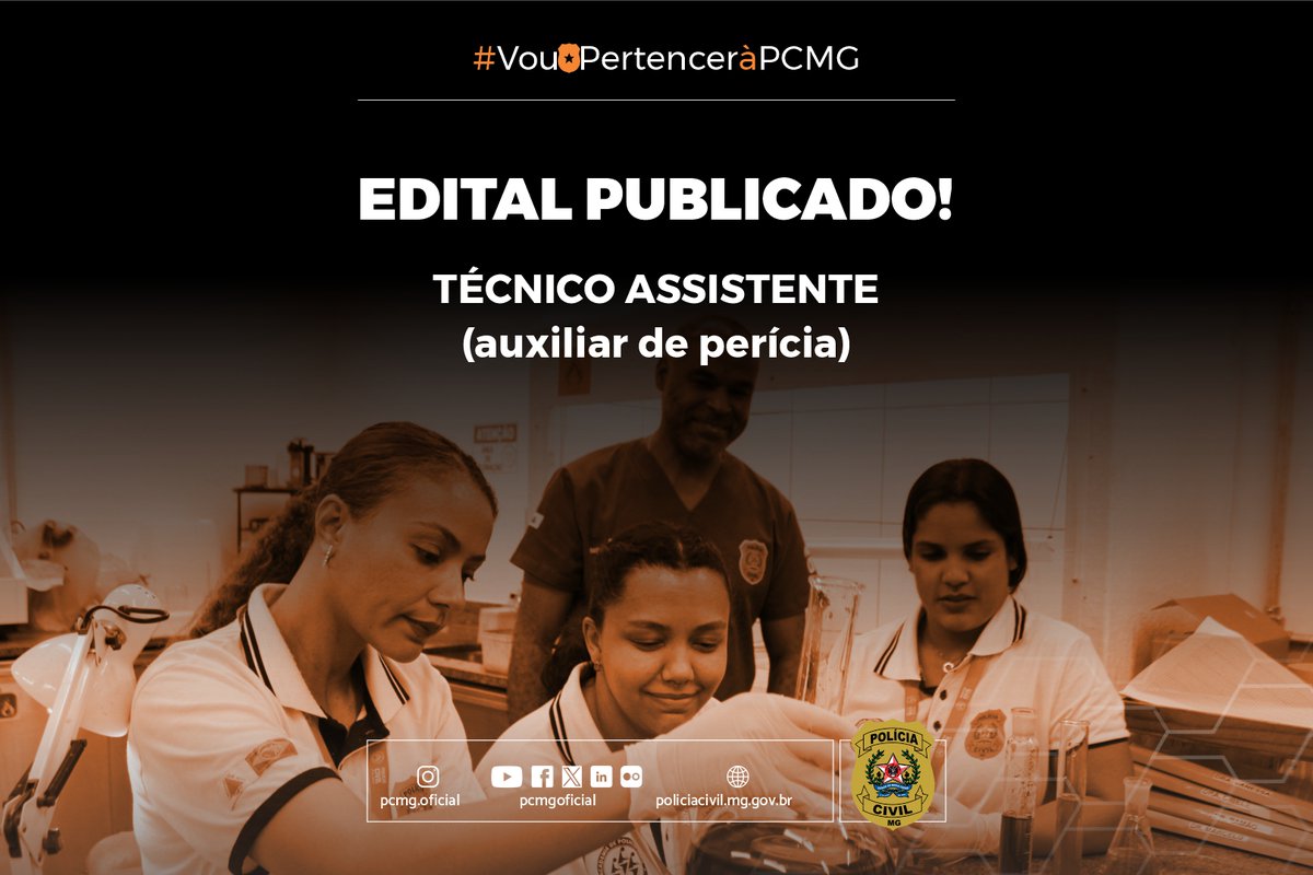 pcmgoficial's tweet image. Oportunidade: publicado edital da #PCMG com 104 vagas para técnico assistente da Polícia Civil - especialidade auxiliar de perícia. Para o cargo, é exigido certificado de conclusão de Ensino Médio. Inscrições entre 7/1/26 e 6/2/26. Saiba mais em abre.ai/concursodapcmg