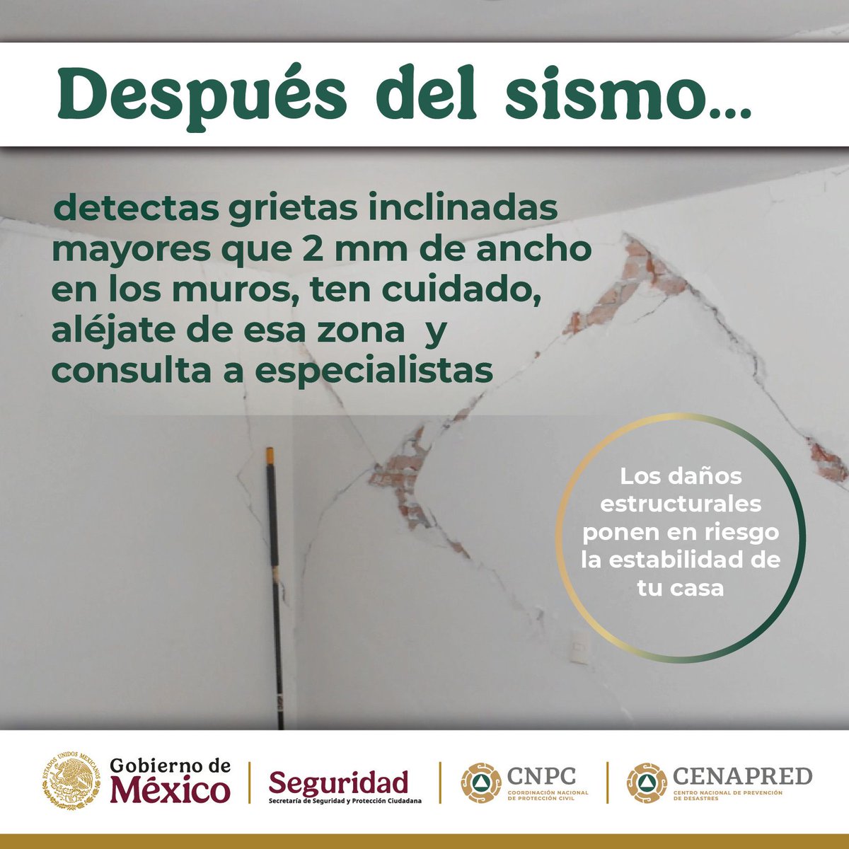 Tras un sismo 🏠⚠️, revisa con atención tu vivienda. Si notas grietas profundas o inclinadas, evita permanecer en esa zona y busca apoyo de especialistas. La seguridad siempre es primero.