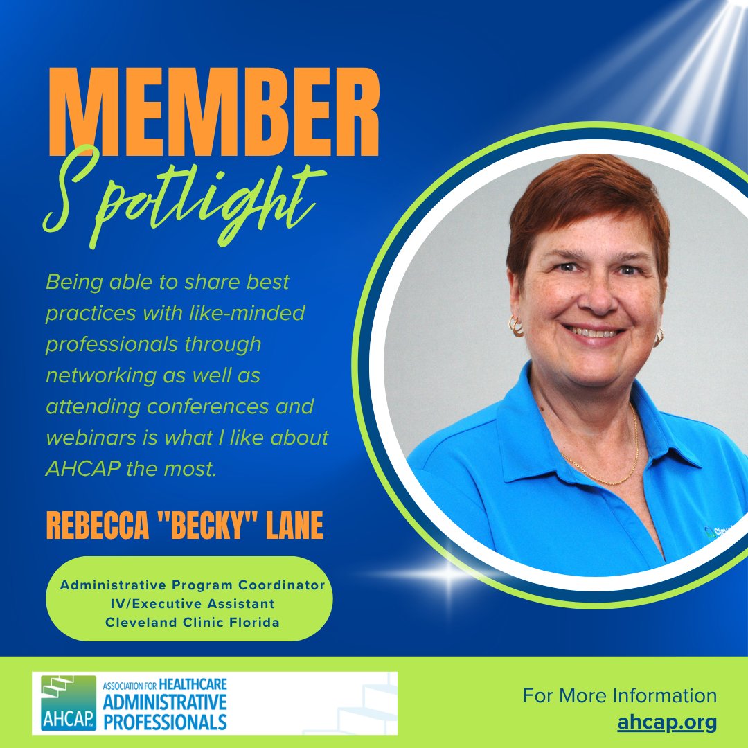 ahcap_org's tweet image. This week, we&apos;re recognizing one of our outstanding members! Becky shared that what she values most is the opportunity to connect with peers and learn from one another through networking, conferences, and webinars.