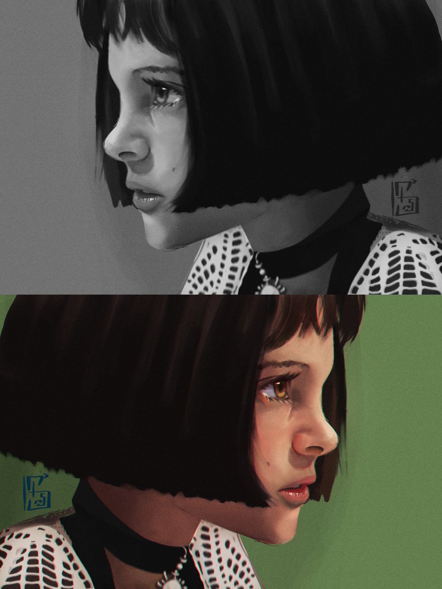 the_fake_panda's tweet photo. I’m still trying to go from greyscale to color, and I’m failing. But I’ll keep going. #leontheprofessional #matilda #natalieportman #stylizedportrait #cartoon #cintiq #wacom #photoshop #illustration #greyscale https://t.co/oMOAXSf1GT