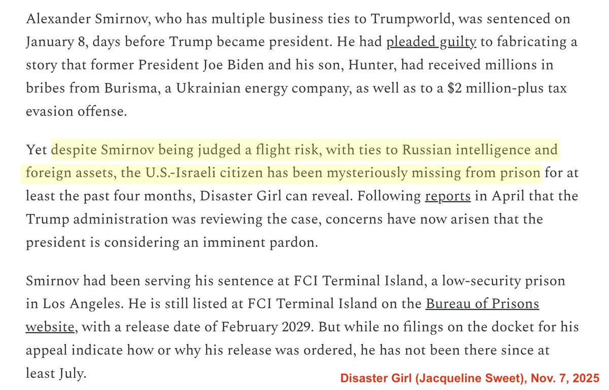capitolhunters's tweet image. This is a big, big story, that someone has quietly let the Russia-linked Alexander Smirnov out of prison. Trump can do an end run around embarrassing pardons by just releasing those foreign assets he owes favors to. (@JSweetLI &apos;s substack post is linked in her thread.)