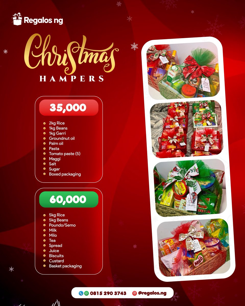 regalos_ng's tweet photo. Spread the holiday cheer with our exclusive Christmas hampers‼️Pre-order yours today. AVAILABLE IN LAGOS AND ABUJA‼️ https://t.co/fuBcImwKc0