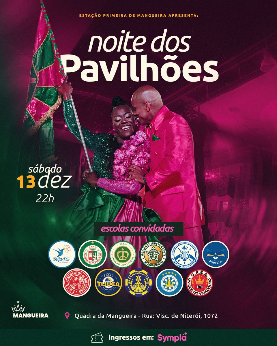 A Estação Primeira de Mangueira convida o povo do samba para uma celebração inesquecível em seu terreiro. No sábado (13/12), o Palácio do Samba será palco da “Noite dos Pavilhões”, um encontro dedicado a exaltar o maior símbolo de cada agremiação: sua bandeira!