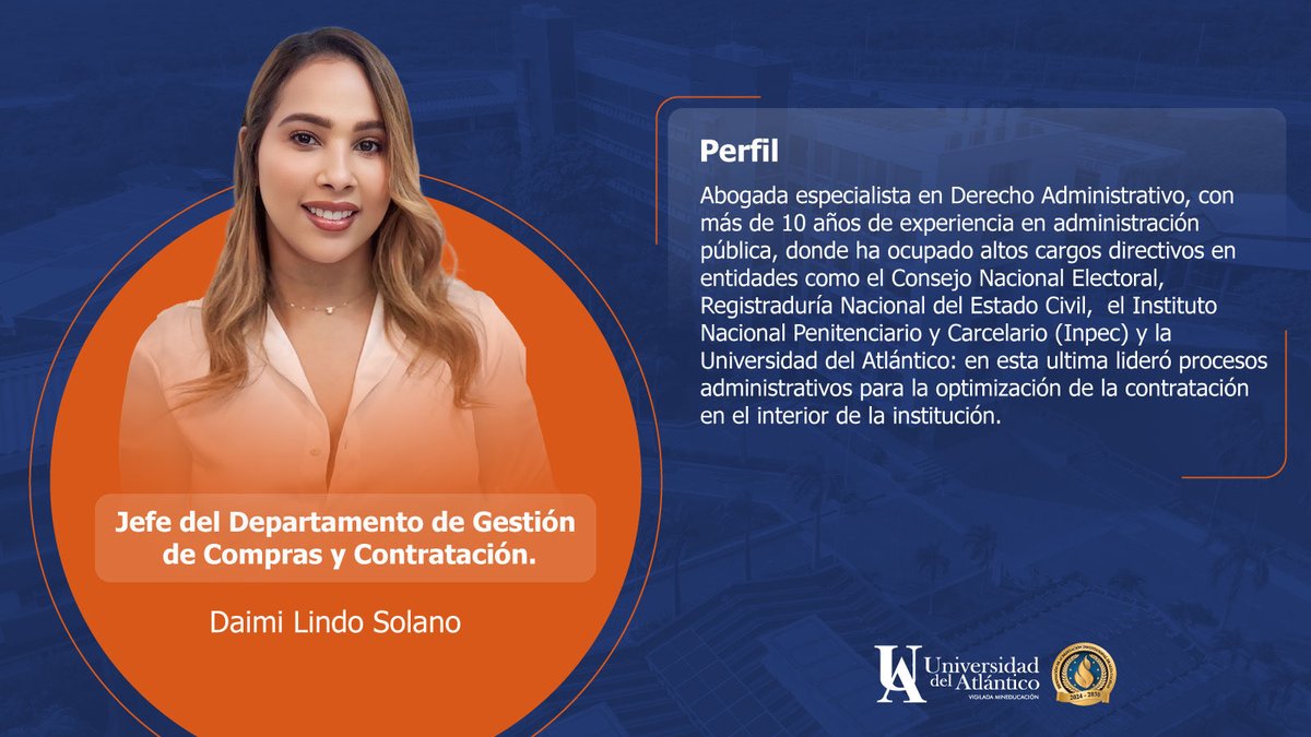 udeatlantico A nuestro equipo llega también Daimi Lindo Solano como jefe  del Departamento de Gestión de Compras y Contratación de la @UdeAtlantico.  Su liderazgo y vocación serán fundamentales para una administración  eficiente. #