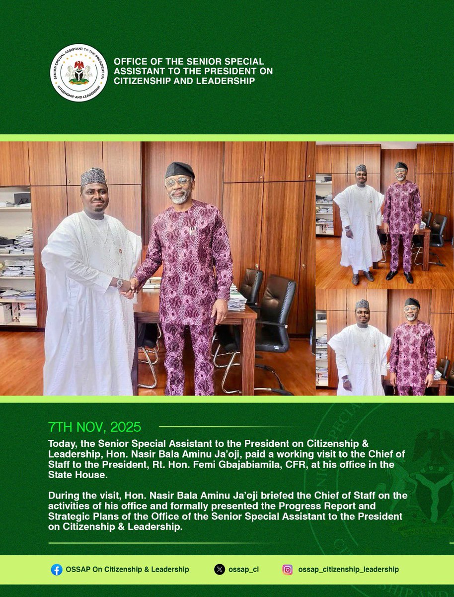 Today, the Senior Special Assistant to the President on Citizenship &amp; Leadership, Hon. Nasir Bala Aminu Ja’oji, paid a working visit to the Chief of Staff to the President, Rt. Hon. Femi Gbajabiamila, CFR, at his office in the State House.

During the visit, Hon. Nasir Bala Aminu