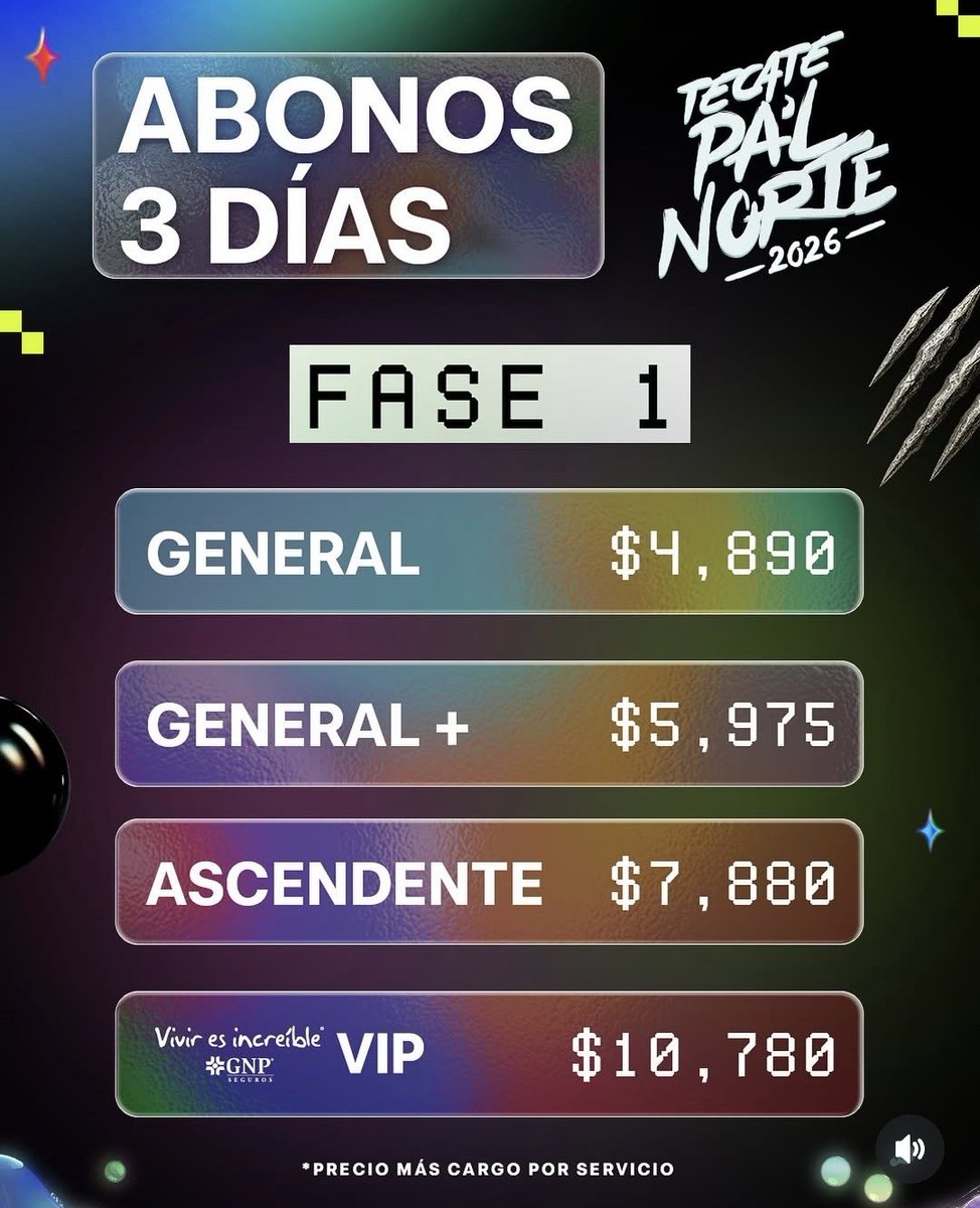 RitmoInolvi's tweet image. Conoce los precios y las zonas para #TecatePalNorte 2026 🦁🔥💸

📌Venta sin cargos por servicio en Taquillas del Auditorio Banamex
🎫Boletos a partir del 11 de noviembre a las 14:00hrs a través de Sistema Ticketmaster

#tecatepalnorte ##festival #monterrey