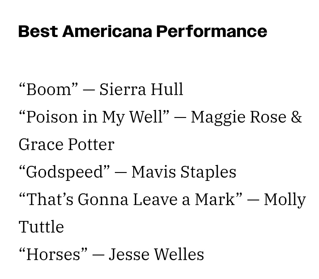 .<a href="/IAmMaggieRose/">Maggie Rose</a> &amp; <a href="/gracepotter/">Grace Potter</a>  have been nominated for a #Grammy for "Poison In My Well" Best Americana performance. Good luck ladies. 
<a href="/RecordingAcad/">GRAMMYS</a> #PoisonInMyWell