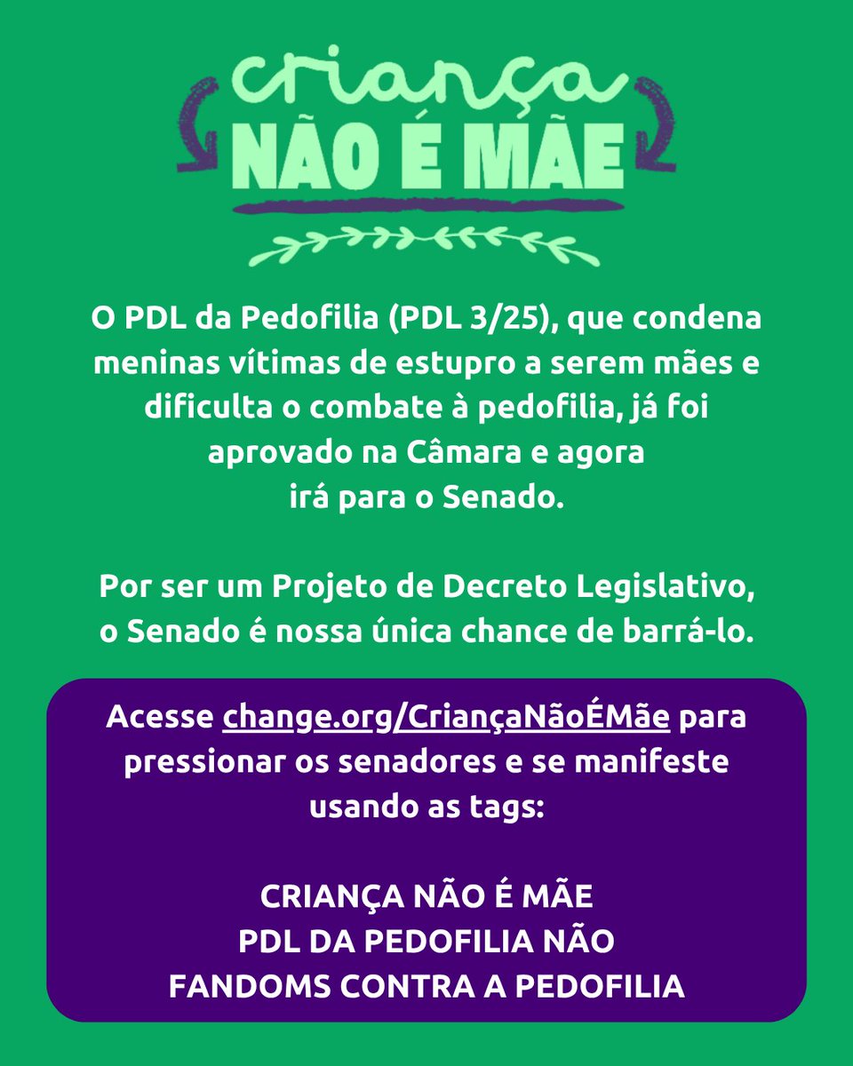 🚨 FANDOMS CONTRA A PEDOFILIA

O PDL DA PEDOFILIA, que condena meninas vítimas de estupro a serem mães e dificulta o combate à pedofilia, já foi aprovado na Câmara e irá para o Senado.

site: change.org/CriançaNãoÉMãe pressione senadores pra que eles votem CONTRA o PDL DA PEDOFILIA