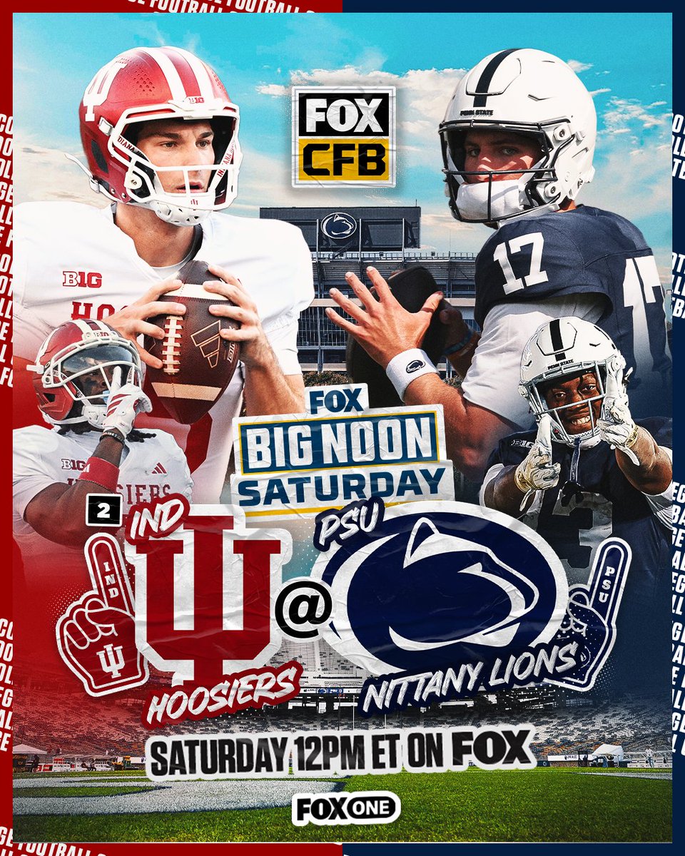 CFBONFOX's tweet image. No. 2 Hoosiers ⚔️ Nittany Lions 🔥

Catch this Big Noon Saturday matchup between @IndianaFootball and @PennStateFball at 12pm ET on FOX!