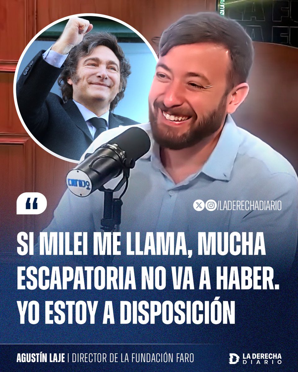 laderechadiario's tweet image. 🚨🇦🇷 | #URGENTE El escritor derechista Agustin Laje afirmó que entraría en política si el presidente Javier Milei se lo pide: "Si Milei me llama, mucha escapatoria no va a haber. Yo estoy a disposición".