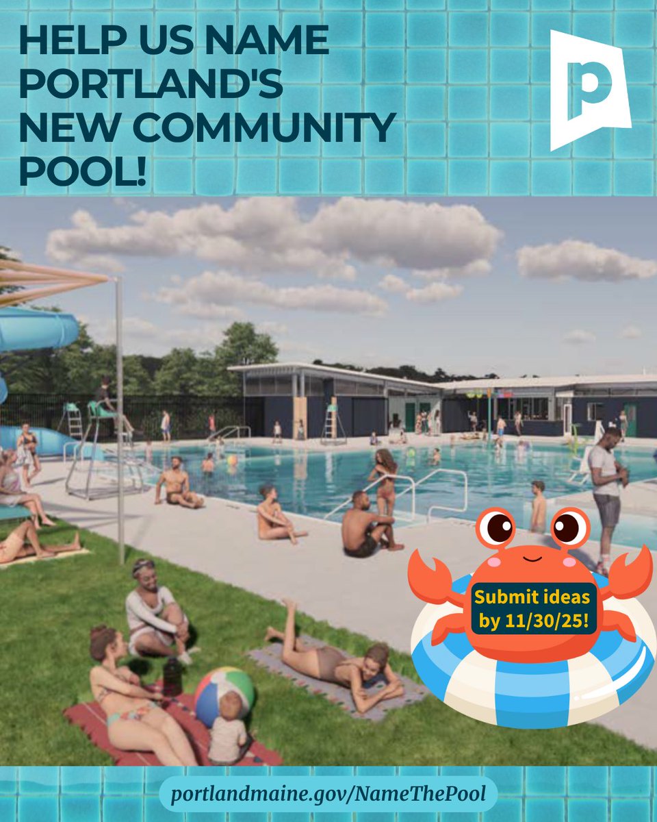 Help us name Portland's new community pool! Expected to open in June 2026, the new pool is replacing the former Kiwanis Pool on Douglass Street in the Libbytown neighborhood. #PortlandMaine Visit portlandmaine.gov/NameThePool to submit your ideas through Sunday, 11/30.