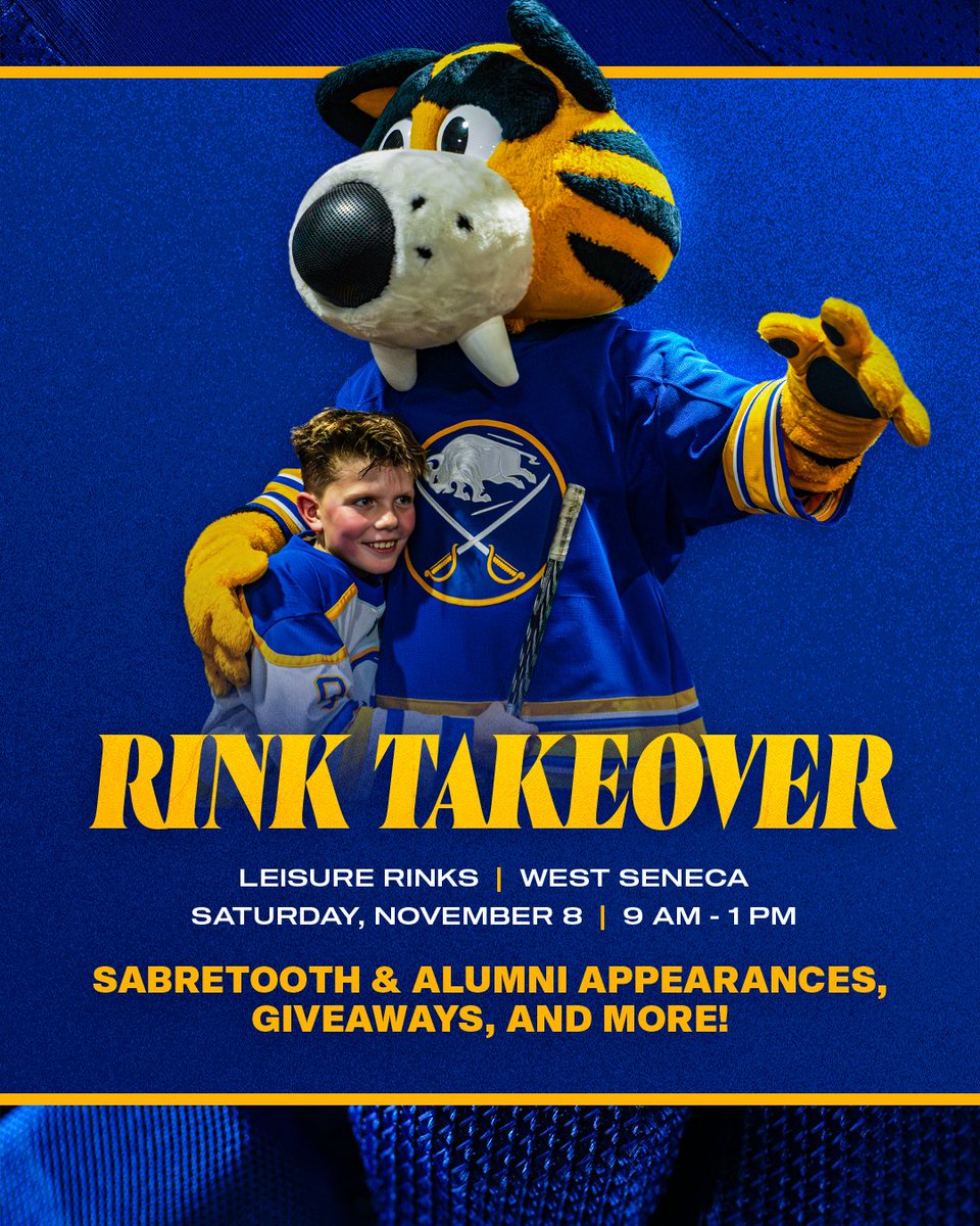 Our second Rink Takeover of the season is coming up tomorrow at Leisure Rinks in West Seneca 🏒

Join us for Sabretooth and alumni appearances, giveaways and more!
